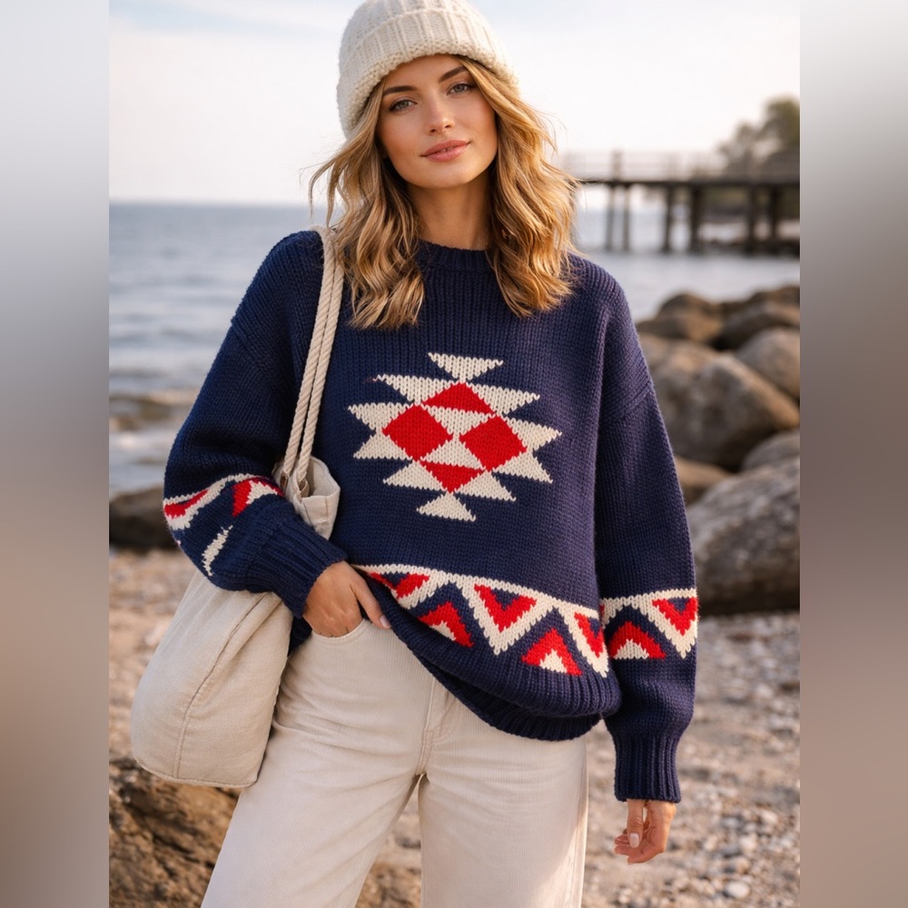 Collectif vintage wool blend sweater‎ red cream and blue women’s size large